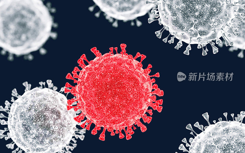 病毒细胞或细菌的特写。流感，显微镜下对病毒的观察，传染病。细菌，细菌，分子感染的有机体。H1N1病毒，猪流感，冠状病毒。3 d渲染。